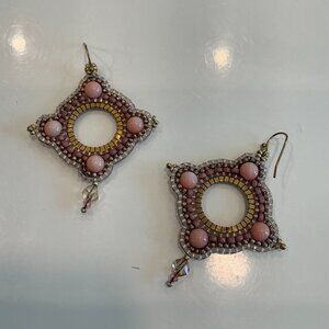 Lulii Blu, Hand woven Beaded Earrings, Pink Coral, Crystal and Gold, 2.25 L x 2W